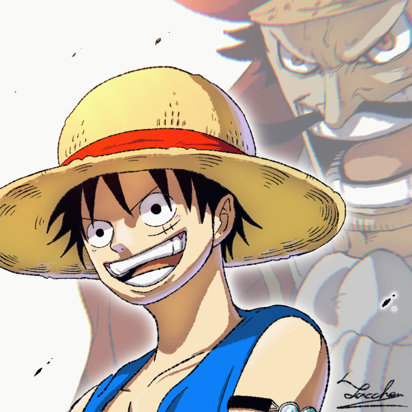 2boys armlet ascot black_hair blue_shirt chromatic_aberration commentary_request dust facial_hair gol_d._roger hat highres looking_ahead male_focus monkey_d._luffy multiple_boys mustache one_piece open_mouth scar scar_on_face shirt short_hair signature smile straw_hat tacchan56110 white_ascot