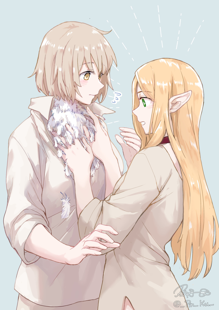 2girls absurdres blonde_hair blue_background blush bright_pupils brown_shirt choker collared_shirt cowboy_shot dungeon_meshi elf falin_touden falin_touden_(chimera) feathers flying_sweatdrops from_side hands_on_another's_chest highres long_hair looking_at_another marcille_donato multiple_girls pin.s pointy_ears red_choker shirt short_hair signature simple_background standing twitter_username white_pupils yellow_eyes