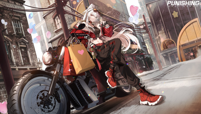 1girl absurdres alpha_(punishing:_gray_raven) bag balloon belt black_pants black_shirt breasts choker crop_top english_commentary eyewear_on_head fingerless_gloves gloves hair_between_eyes heart heart_balloon heterochromia high_ponytail highres jacket leaning_against_motorcycle logo long_hair looking_at_viewer lucia:_crimson_weave_(punishing:_gray_raven) medium_breasts midriff motor_vehicle motorcycle navel official_art open_clothes open_jacket outdoors pants punishing:_gray_raven red_belt red_eyes red_footwear red_jacket second-party_source shirt shopping_bag solo stuffed_animal stuffed_toy sunglasses very_long_hair white_eyes white_hair wide_shot