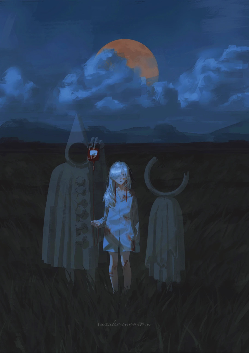 1girl 1other arm_at_side bandaid bandaid_on_cheek bandaid_on_face blood blood_bag blood_on_clothes blood_on_face cloak closed_mouth clouds cloudy_sky collarbone face_in_shadow field frown full_body full_moon ghost grass grey_eyes grey_hair hair_over_one_eye hand_up highres hood hood_up hooded_cloak intravenous_drip isekai_joucho kamitsubaki_studio long_sleeves looking_at_viewer moon mountainous_horizon night night_sky no_pants one_eye_covered orange_moon outdoors revision signature sky straight-on suzukasuraimu