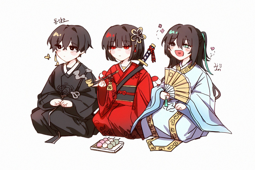 1girl 2boys black_eyes black_hanbok blush chinese_clothes closed_mouth dango folding_fan food hand_fan hanfu highres holding holding_fan holding_smoking_pipe hong_lu_(project_moon) japanese_clothes kimono kiseru laenjen78201 limbus_company long_sleeves multiple_boys ootachi open_mouth project_moon red_kimono ryoshu_(project_moon) sanshoku_dango sitting smile smoking_pipe wagashi white_hanfu wide_sleeves yi_sang_(project_moon)