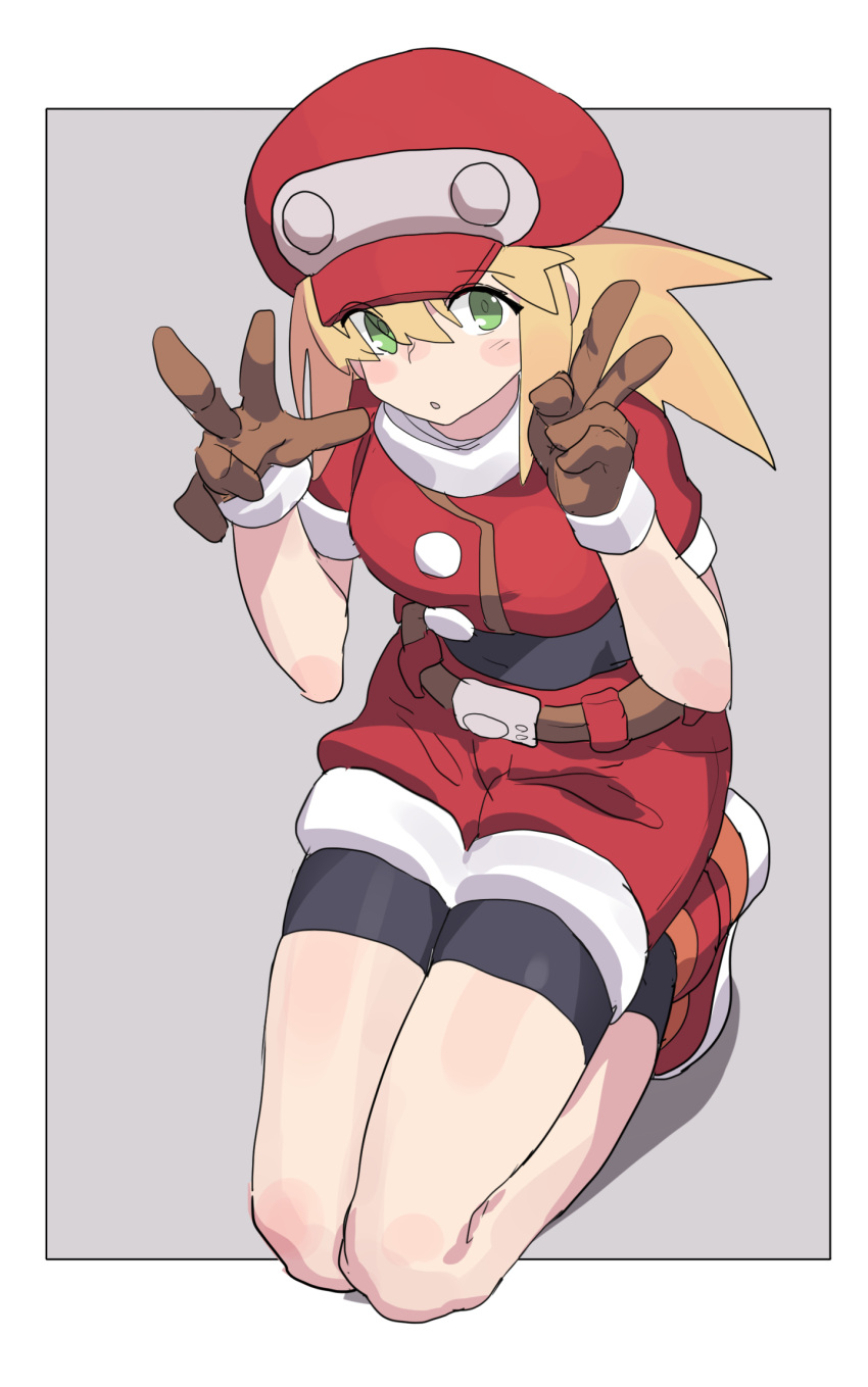 1girl black_bodysuit blonde_hair blush_stickers bodysuit bodysuit_under_clothes breasts brown_gloves cabbie_hat double_v foot_out_of_frame from_behind full_body gloves green_eyes happy hat highres huanxiang_huifeng jacket kneeling medium_breasts mega_man_(series) mega_man_legends_(series) red_hat red_jacket red_shorts roll_caskett_(mega_man) shorts sketch solo v