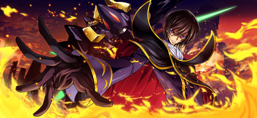 1boy arm_at_side artist_request ascot black_cape black_gloves black_hair cape coat code_geass code_geass:_lost_stories embers fire game_cg gawain_(code_geass) gloves gold_trim hair_between_eyes happy high_collar highres lelouch_vi_britannia looking_at_viewer male_focus mecha night non-web_source official_art outdoors outstretched_arm parted_lips purple_coat reaching reaching_towards_viewer red_eyes robot ruins short_hair sidelocks smile solo spread_fingers standing teeth two-tone_cape underlighting upper_body v-shaped_eyebrows violet_eyes white_ascot zero_(code_geass)