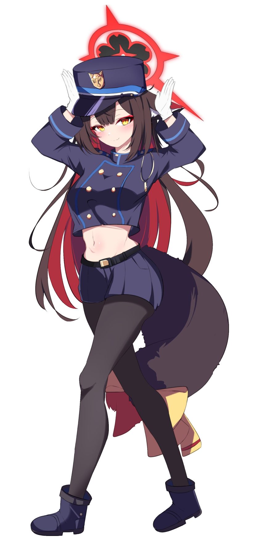 1girl absurdres animal_ears austsue blue_archive blue_skirt boots breasts brown_hair buttons cosplay cropped_jacket crossed_legs double-breasted ears_down eyeshadow fang fox_ears fox_girl fox_tail full_body gloves gradient_tail hair_between_eyes halo hat highres hikari_(blue_archive) hikari_(blue_archive)_(cosplay) hip_focus legs long_hair long_sleeves looking_at_viewer makeup medium_breasts midriff miniskirt multicolored_hair navel pantyhose pleated_skirt red_eyeshadow red_halo redhead skirt slit_pupils smile solo standing tail thighs two-tone_hair very_long_hair wakamo_(blue_archive) walking white_gloves yellow_eyes
