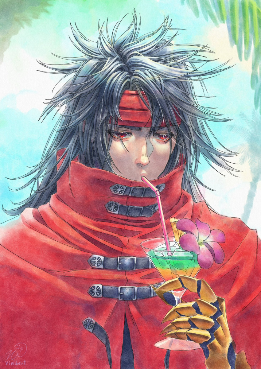 1boy black_hair coat commentary cup drinking drinking_straw english_commentary final_fantasy final_fantasy_vii final_fantasy_vii_rebirth final_fantasy_vii_remake flower glass headband highres holding holding_cup long_hair male_focus outdoors pink_flower red_coat red_eyes red_headband solo upper_body vincent_valentine vvbert