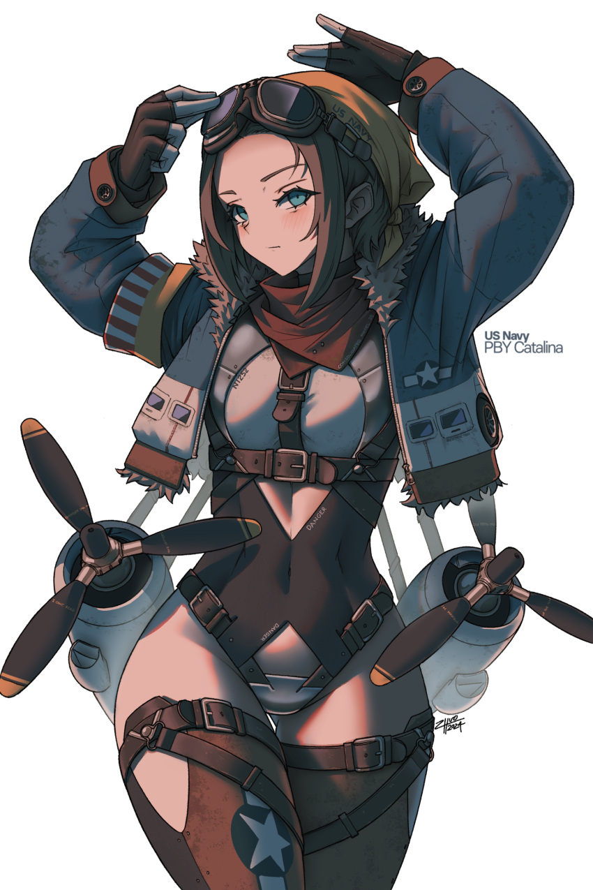 1girl absurdres aircraft airplane black_gloves blue_eyes blue_jacket brown_hair brown_hat commission fingerless_gloves gloves highres jacket looking_at_viewer mecha_musume navel original pby_catalina propeller solo stomach thighs united_states_navy white_background zhvo