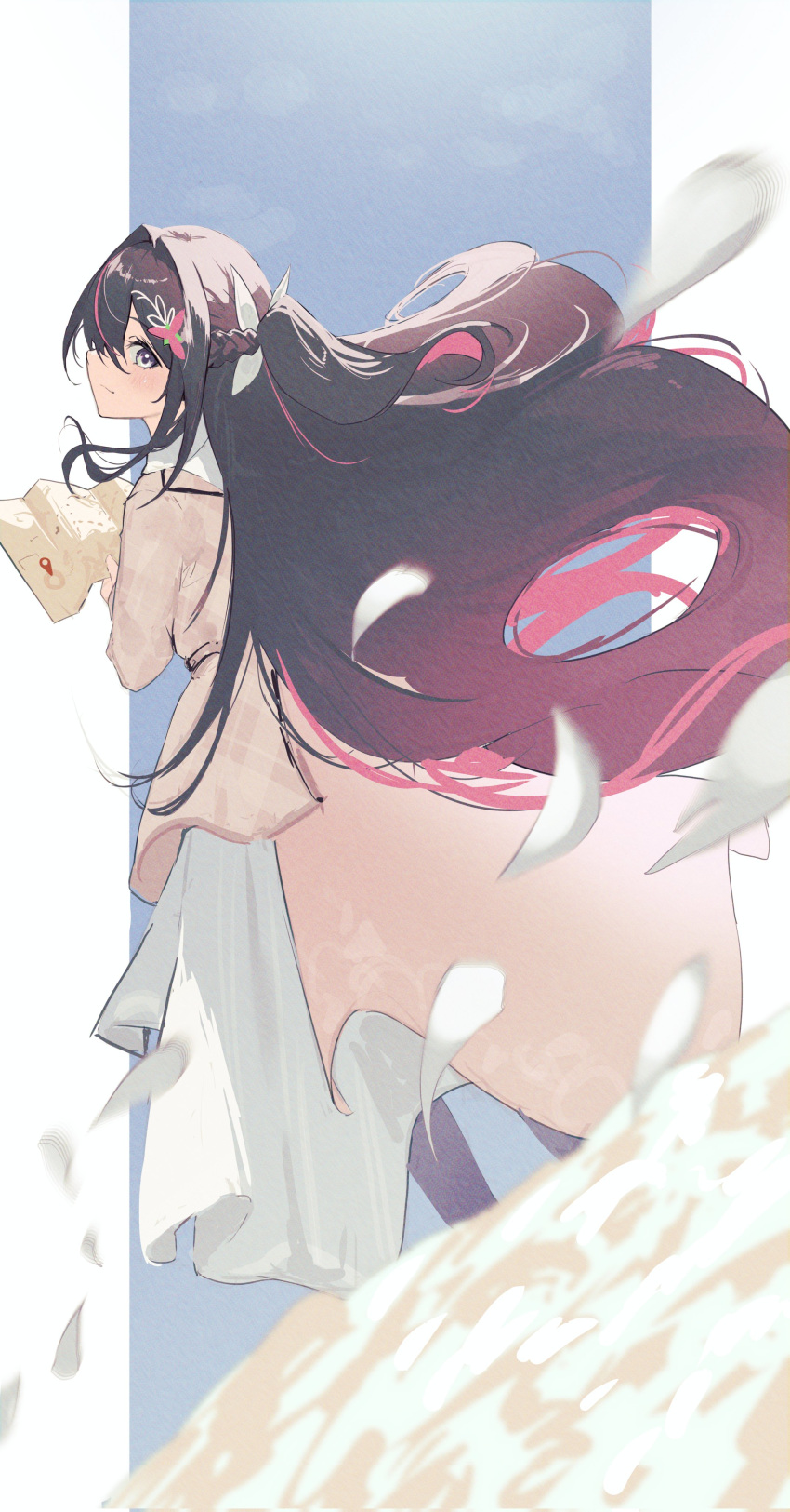 1girl absurdres azki_(4th_costume)_(hololive) azki_(hololive) black_hair braid colored_inner_hair dress from_behind highres holding holding_map hololive long_hair map menomeno_draw multicolored_hair petals pink_hair smile violet_eyes virtual_youtuber white_dress wind