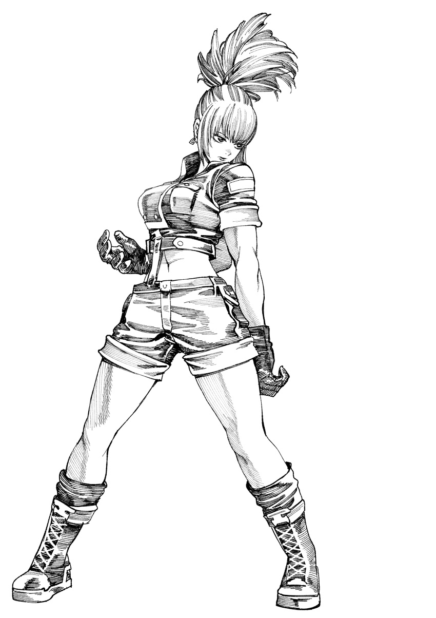 1girl absurdres boots combat_boots cropped_jacket earrings full_body gloves high_collar high_ponytail highres jewelry leona_heidern lineart matsubara_toshi military military_uniform monochrome navel ponytail short_sleeves shorts simple_background soldier solo suspender_shorts suspenders the_king_of_fighters uniform white_background