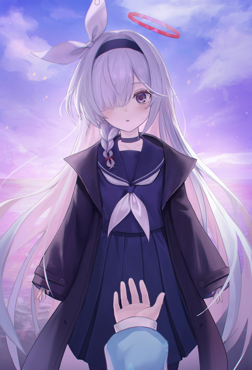 1girl 1other arona_(blue_archive) black_choker black_coat black_eyes black_hairband black_pantyhose black_sailor_collar black_skirt blue_archive blush choker coat colored_inner_hair cowboy_shot geomissword grey_hair hair_over_one_eye hairband halo highres long_hair long_sleeves looking_at_viewer multicolored_hair neckerchief open_clothes open_coat pantyhose parted_lips pink_hair plana_(blue_archive) pleated_skirt red_halo sailor_collar skirt solo_focus white_neckerchief