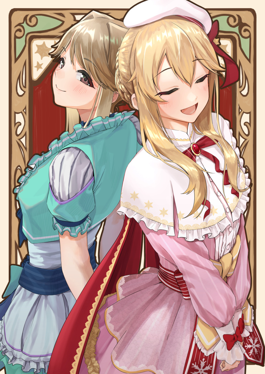 2girls absurdres back-to-back blonde_hair blue_bow blush bow braid breasts brown_eyes brown_hair capelet clarice_(idolmaster) cloak closed_eyes closed_mouth clothing_cutout cropped_jacket dress frilled_capelet frilled_jacket frills green_jacket hat highres idolmaster idolmaster_cinderella_girls idolmaster_cinderella_girls_starlight_stage idolmaster_million_live! idolmaster_million_live!_theater_days jacket kaiso_(kaisooekaki) long_hair long_sleeves looking_at_viewer medium_breasts multiple_girls neck_ribbon open_mouth pink_dress red_bow red_brooch red_cloak red_ribbon ribbon short_sleeves shoulder_cutout sidelocks smile striped_bow tenkubashi_tomoka two-tone_background waist_bow white_capelet white_dress
