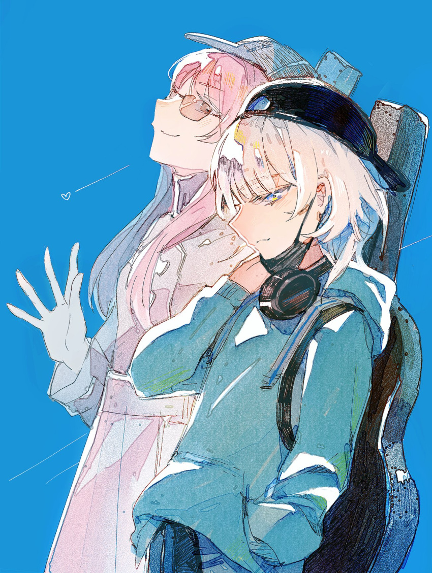 2girls bang_dream! bang_dream!_it's_mygo!!!!! baseball_cap black_hat blue_hoodie blue_sky chihaya_anon closed_mouth coat commentary_request contrail day grey_coat grey_hat guitar_case hand_up hat headphones headphones_around_neck heart highres hood hoodie instrument_case instrument_on_back kaname_raana light_blush long_hair long_sleeves looking_at_viewer multiple_girls outdoors pink_hair reiboubyou sky smile sunglasses upper_body waving white_hair