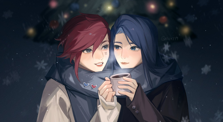 2girls black_coat blue_eyes blue_hair blue_scarf blush caitlyn_(league_of_legends) chinese_commentary christmas christmas_tree closed_mouth coat coffee_mug commentary_request cup facial_tattoo grey_coat grey_eyes heart highres holding holding_cup league_of_legends long_hair looking_at_viewer miix777 mug multiple_girls outdoors parted_lips red_lips redhead scarf shared_clothes shared_scarf smile snowflakes snowing steam tattoo twitter_username upper_body vi_(league_of_legends) yuri