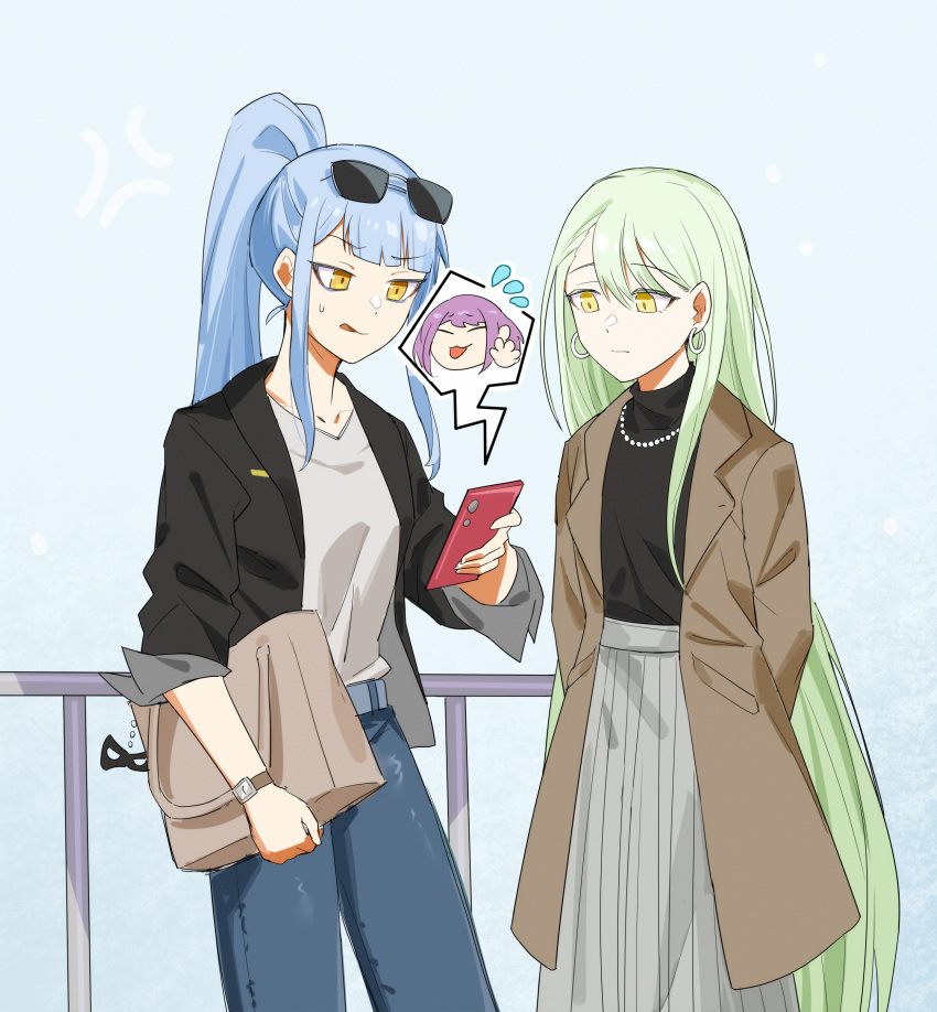 2girls absurdres alternate_hairstyle anger_vein arms_behind_back bag bang_dream! bang_dream!_it's_mygo!!!!! black_jacket black_shirt blue_background blue_hair blue_pants brown_coat cellphone coat commentary_request dated_commentary denim earrings eyewear_on_head green_hair grey_shirt grey_skirt handbag highres holding holding_phone jacket jeans jewelry long_hair long_sleeves multiple_girls neck outdoors pants parted_lips phone ponytail railing shirt skirt sleeves_rolled_up smartphone sunglasses sweat togawa_sakiko very_long_hair wakaba_mutsumi watch watch yellow_eyes yuutenji_nyamu yzj21333