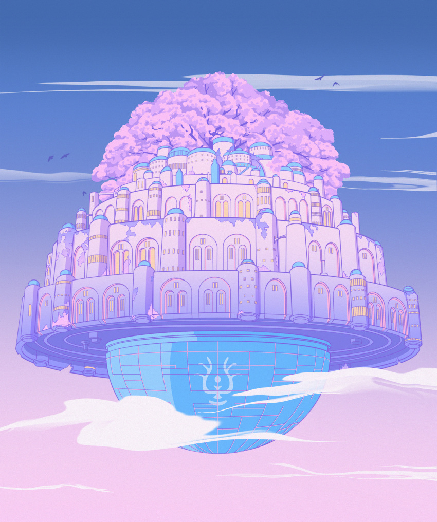 above_clouds architecture bird blue_sky building clouds fantasy floating floating_castle floating_island floating_object gradient_sky highres no_humans owakita pastel_colors pink_sky scenery sky tenkuu_no_shiro_laputa tree