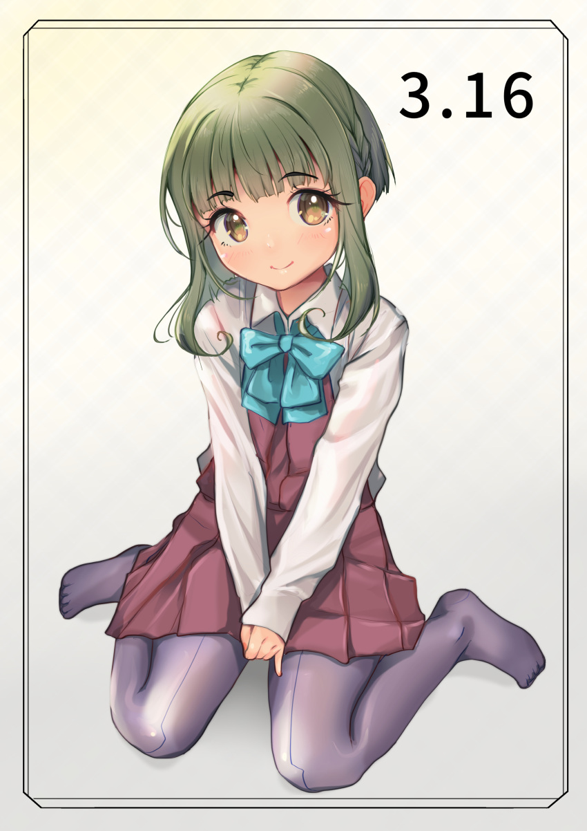 1girl absurdres aqua_bow aqua_bowtie bob_cut bow bowtie brown_dress brown_eyes collared_shirt commentary_request dated dress dress_shirt green_hair grey_pantyhose halter_dress halterneck highres kantai_collection looking_at_viewer pantyhose pleated_dress school_uniform shirt short_hair short_hair_with_long_locks simple_background solo takanami_(kancolle) v_arms white_background white_shirt yashin_(yasinz)