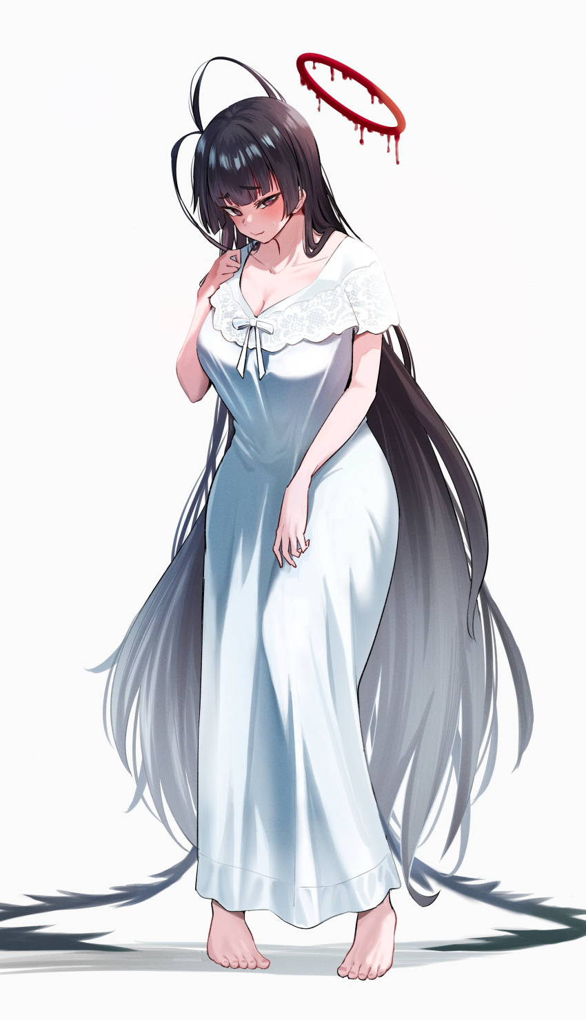 1girl absurdres alternate_costume alternate_hairstyle ankoku_kishi_m black_hair black_wings blue_archive blush breasts dress halo hand_on_own_chest highres large_breasts long_hair looking_at_viewer red_eyes tsurugi_(blue_archive) white_dress wings