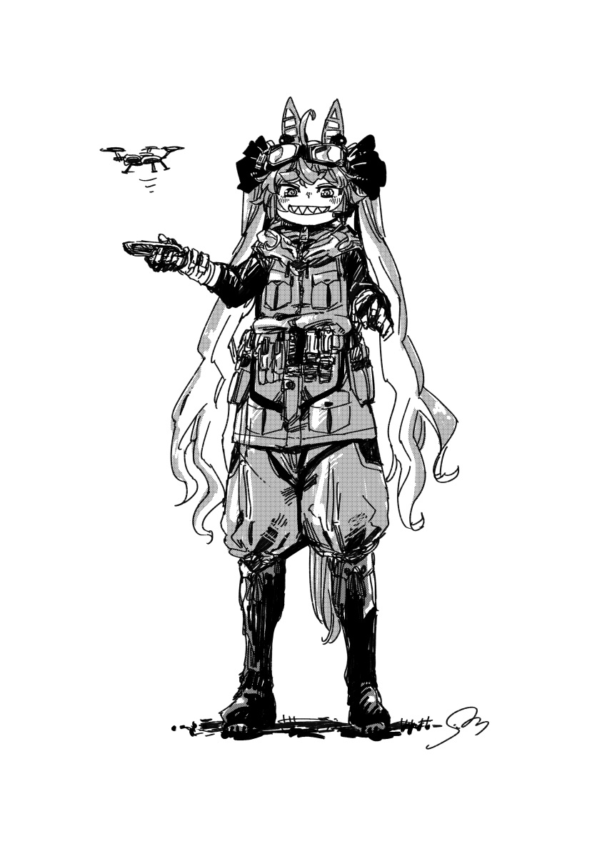 1girl @_@ absurdres ahoge alternate_costume animal_ears baggy_pants blush boots controller drone full_body gloves goggles goggles_on_head greyscale grin highres holding holding_remote_control horse_ears horse_girl horse_tail load_bearing_vest long_hair long_sleeves looking_at_viewer monochrome moriseishiro_(uroshiiserimo) motion_lines pants remote_control sharp_teeth shirt signature smile solo standing tail teeth twin_turbo_(umamusume) twintails umamusume