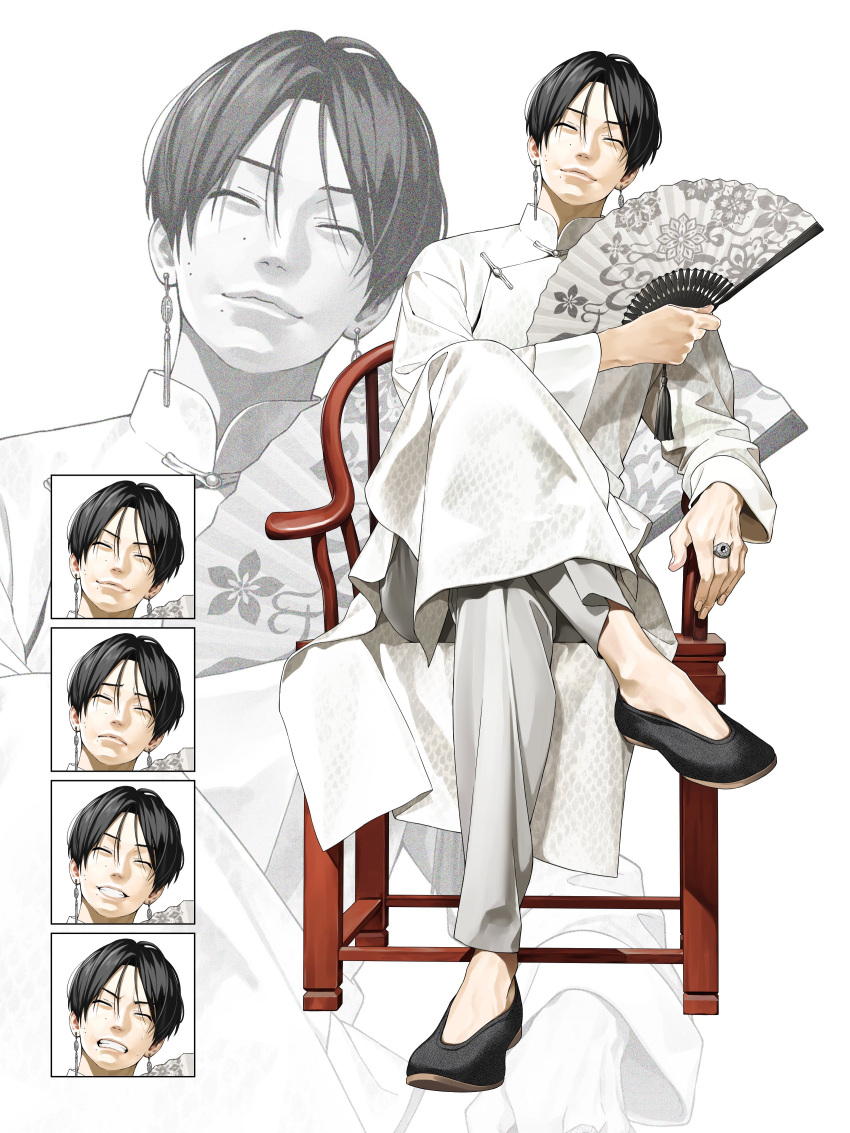 1boy absurdres black_footwear black_hair chinese_clothes closed_eyes closed_mouth commentary_request earrings expression_chart figure_four_sitting folding_fan hand_fan highres holding holding_fan jewelry mole mole_on_cheek multiple_views natsuko_(bluecandy) no_socks original pants ring robe sitting smile white_pants white_robe zoom_layer