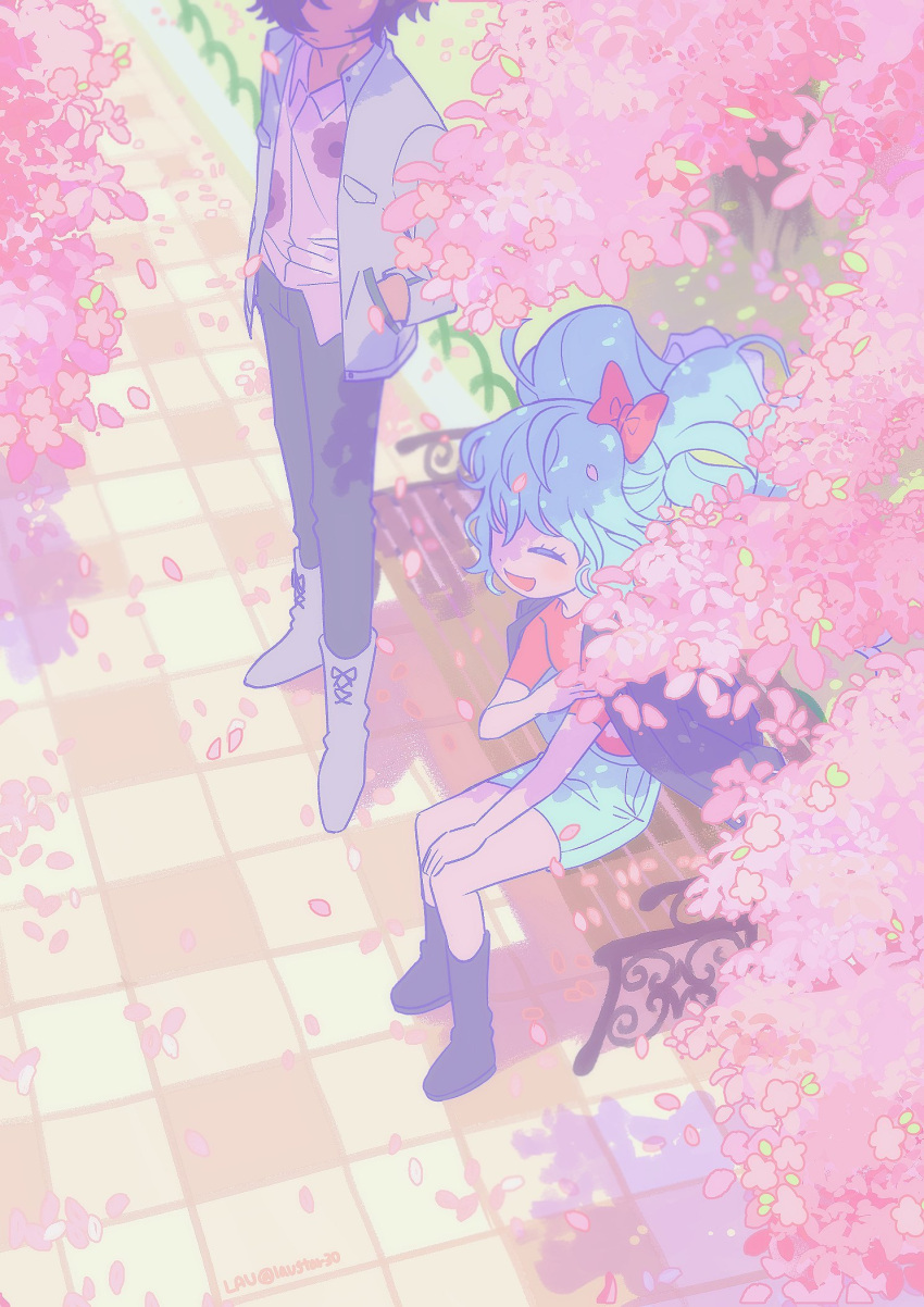 1boy 1girl bench black_footwear blue_hair blue_skirt boots bow cherry_blossoms closed_eyes collared_shirt commentary dark-skinned_male dark_skin falling_petals from_above full_body grey_footwear grey_pants hair_bow hands_in_pockets head_out_of_frame highres idol_land_pripara katasumi_amari lau_(laustar30) long_hair long_sleeves mario_(pripara) on_bench open_mouth orange_shirt outdoors pants park_bench petals pink_bow pretty_series pripara shirt short_hair sitting skirt smile spring_(season) standing symbol-only_commentary tile_floor tiles twintails