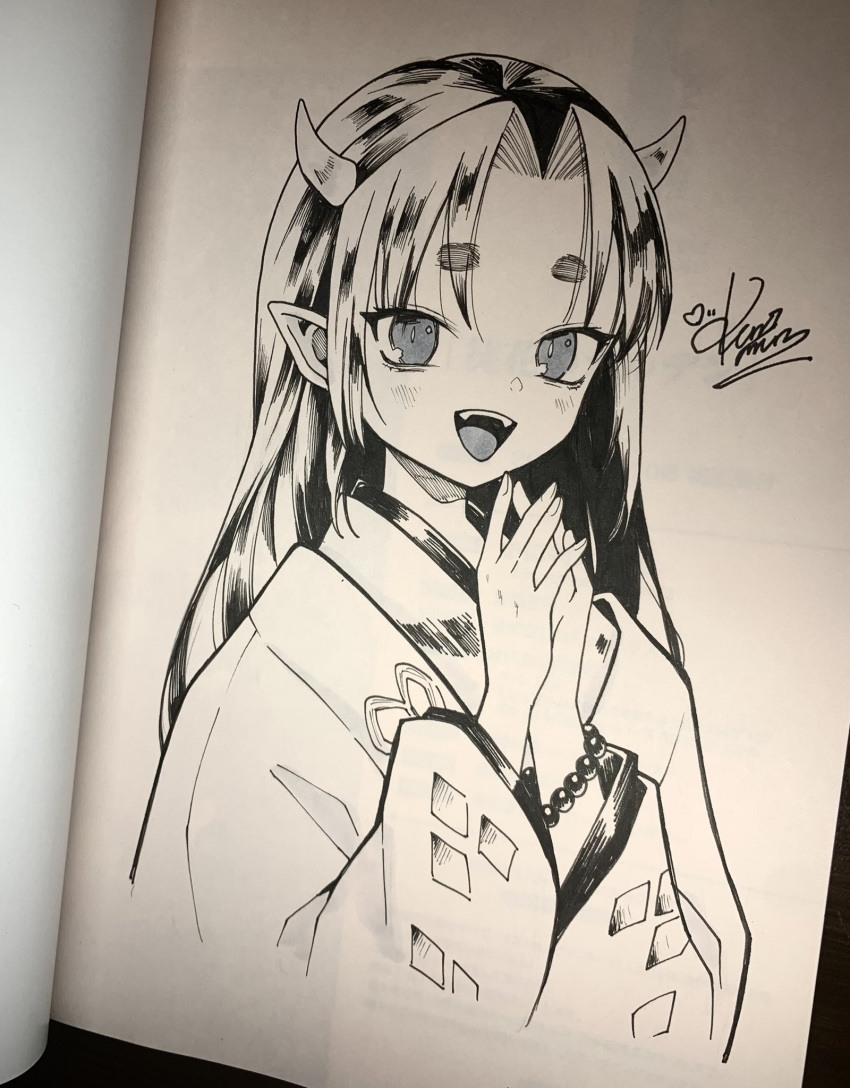 1girl blush bracelet commentary_request cropped_torso demon_girl highres horns japanese_clothes jewelry kanimura_ebio kimono long_hair marker_(medium) monochrome open_mouth original own_hands_together photo_(medium) pointy_ears short_eyebrows signature smile solo traditional_media