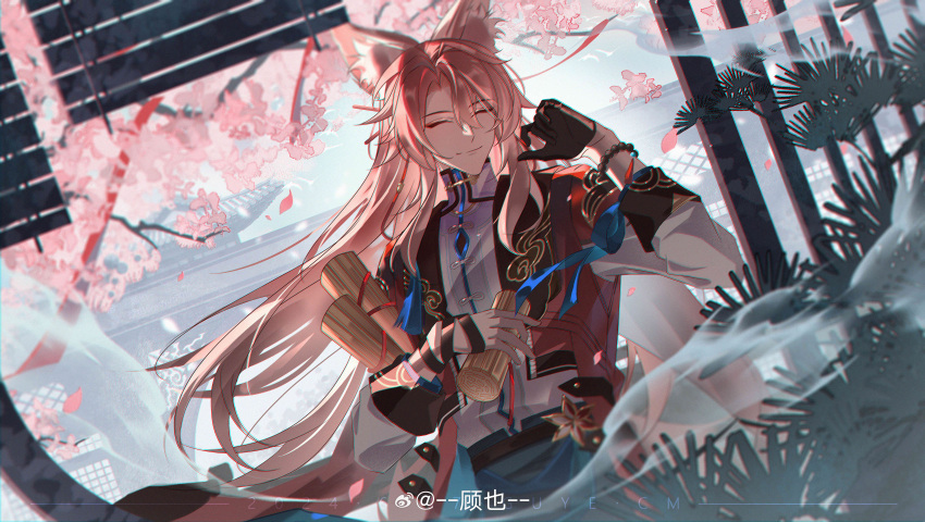 1boy absurdres animal_ear_fluff animal_ears architecture bishounen black_gloves cherry_blossoms chinese_clothes closed_eyes closed_mouth east_asian_architecture fox_boy fox_ears gloves highres holding holding_scroll honkai_(series) jacket jiaoqiu_(honkai:_star_rail) long_hair male_focus pink_hair red_jacket scroll shirt simple_background smile solo upper_body very_long_hair white_shirt wuyuzi1015