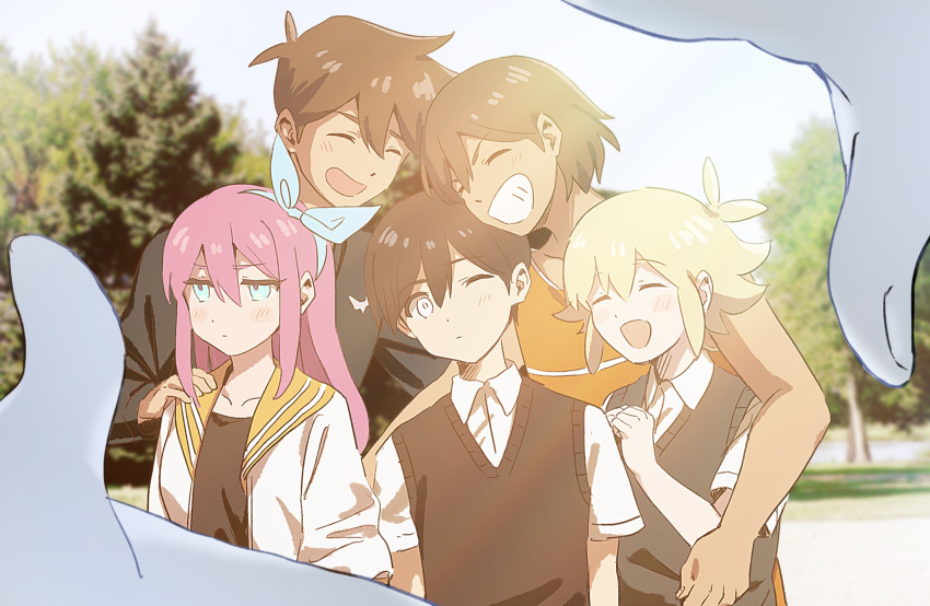 2girls 4boys antenna_hair arm_around_shoulder arms_at_sides aubrey_(faraway)_(omori) aubrey_(omori) bare_arms basil_(faraway)_(omori) basil_(omori) black_hair black_shirt black_sweater_vest blonde_hair blue_eyes blue_hairband blush brothers brown_hair closed_eyes closed_mouth collarbone collared_shirt colored_skin erimageru facing_another fingernails green_sweater_vest grin hair_behind_ear hair_between_eyes hairband hand_on_another's_shoulder hands_up head_tilt hero_(faraway)_(omori) hero_(omori) highres jacket kel_(faraway)_(omori) kel_(omori) long_hair long_sleeves looking_ahead looking_at_viewer mari_(faraway)_(omori) mari_(omori) multiple_boys multiple_girls official_alternate_eye_color omori one_eye_closed open_clothes open_jacket open_mouth orange_sailor_collar orange_tank_top outdoors own_hands_together photo_background pov sailor_collar shirt short_hair short_sleeves siblings sidelocks smile sunny_(omori) sweater_vest tank_top tree upper_body white_eyes white_jacket white_shirt white_skin white_trim