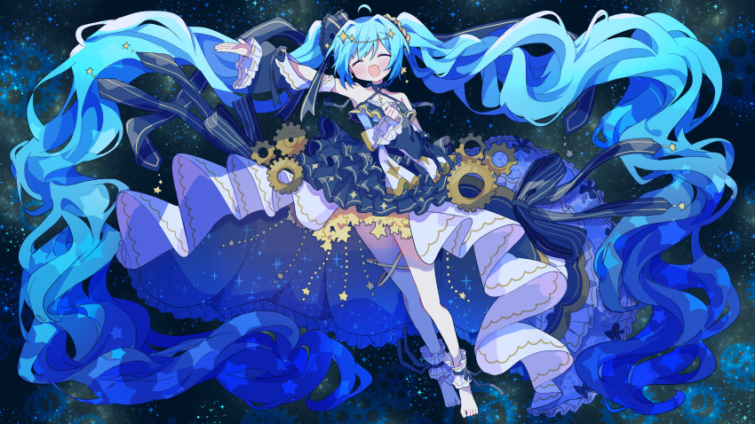 1girl absurdly_long_hair absurdres ahoge ankle_cuffs arm_up barefoot blue_dress blue_hair closed_eyes commentary_request detached_sleeves dress futaba969649 galaxy gears hand_up hatsune_miku highres long_hair open_mouth showgirl_skirt smile solo very_long_hair vocaloid wavy_hair