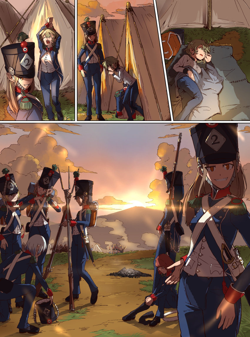 6+girls absurdres antique_firearm bayonet boots clouds day dressing france french_army french_clothes gun hat highres long_hair military_hat military_uniform mountain multiple_girls musket original pants shako_cap short_hair sunrise tent uniform waking_up weapon zeinikunosekai