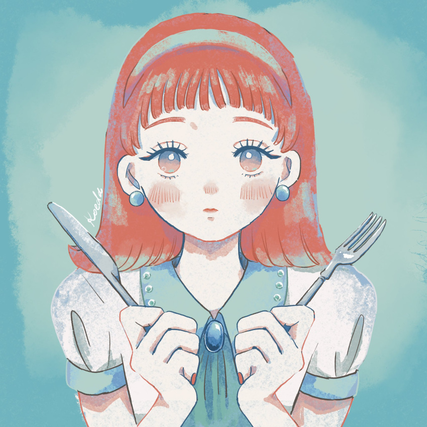 1girl blunt_bangs blush brooch closed_mouth earrings english_commentary fork green_background hairband hands_up highres holding holding_fork holding_knife jewelry knife koeda long_hair looking_at_viewer medium_hair original puffy_sleeves red_nails redhead shirt short_sleeves signature solo sphere_earrings straight-on upper_body