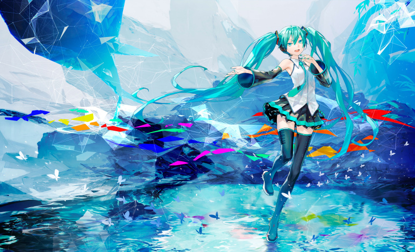 1girl absurdres aqua_eyes aqua_hair boots bug butterfly detached_sleeves full_body hand_on_own_chest hand_up hatsune_miku hatsune_miku_happy_16th_birthday_-dear_creators- headset highres long_hair looking_at_viewer miniskirt necktie official_art open_mouth redjuice skirt solo standing standing_on_one_leg thigh_boots twintails very_long_hair vocaloid zettai_ryouiki