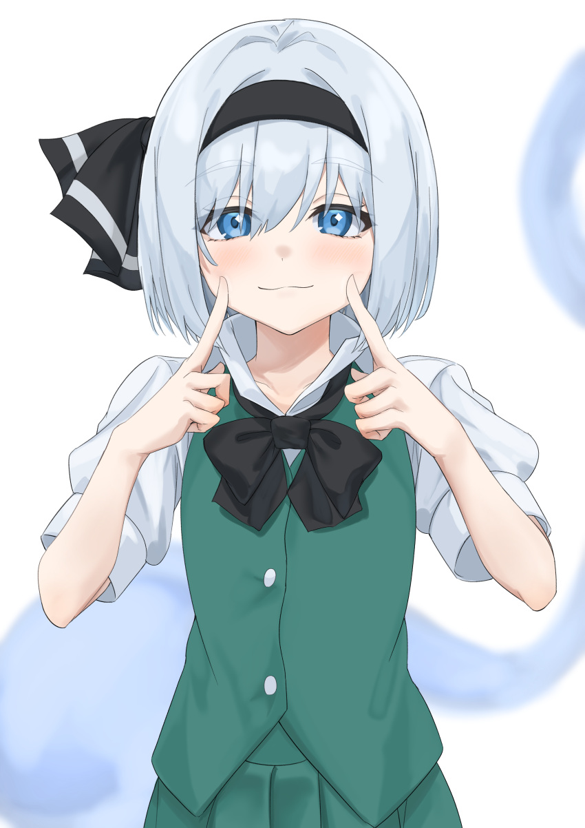 1girl absurdres black_bow black_bowtie black_hairband blue_eyes bow bow_hairband bowtie collared_shirt dot_nose ghost green_skirt green_vest hair_between_eyes hair_intakes hairband hands_up highres index_finger_raised konpaku_youmu konpaku_youmu_(ghost) light_blush looking_at_viewer pleated_skirt puffy_short_sleeves puffy_sleeves ramiki shirt short_hair short_sleeves simple_background skirt skirt_set smile solo touhou upper_body vest white_background white_hair white_shirt youmu_day