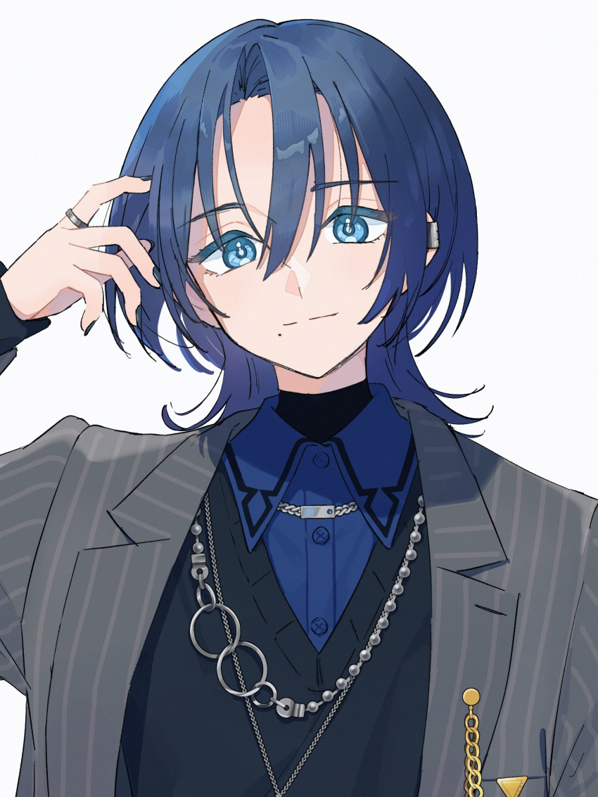 1girl black_nails black_sweater blue_eyes blue_hair blue_shirt closed_mouth collared_shirt earclip grey_jacket hand_up highres hiodoshi_ao hololive hololive_dev_is jacket jewelry looking_at_viewer mole mole_under_mouth open_clothes open_jacket ring shirt short_hair simple_background smile solo sweater upper_body virtual_youtuber white_background yuri_yutaka