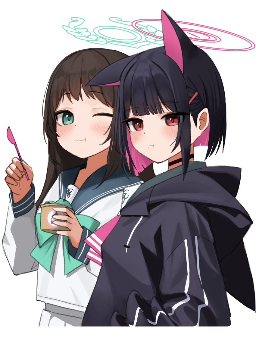 2girls :t absurdres airi_(blue_archive) animal_ears black_choker black_hair blue_archive blue_hoodie blue_sailor_collar blush bow bowtie brown_hair cat_ears cat_girl chewing choker colored_inner_hair commentary eating food from_side green_bow green_bowtie green_eyes green_sailor_collar hair_ornament hairclip halo highres holding holding_food holding_ice_cream hood hoodie ice_cream ice_cream_cup kazusa_(blue_archive) long_sleeves momocadraw multicolored_hair multiple_girls neckerchief one_eye_closed pink_hair pink_neckerchief red_eyes sailor_collar school_uniform serafuku shirt simple_background skirt two-tone_hair upper_body white_background white_serafuku white_shirt white_skirt
