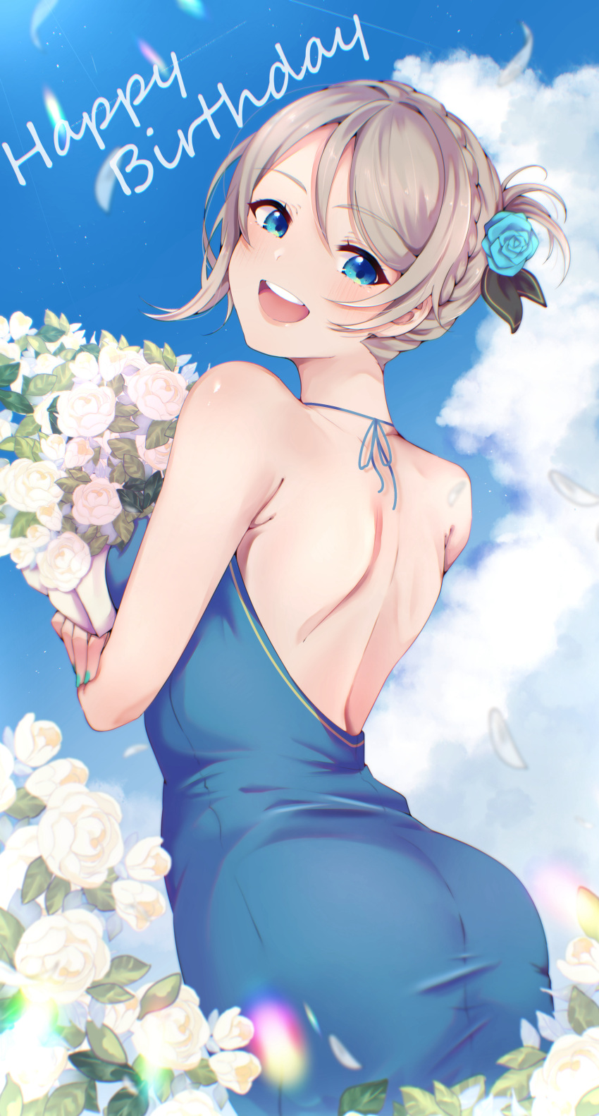 1girl absurdres ass back backless_dress backless_outfit bare_shoulders blue_eyes blue_sky blush braid brown_hair clouds commentary_request cowboy_shot dress flower green_nails hair_between_eyes hair_flower hair_ornament happy_birthday highres holding holding_flower looking_at_viewer love_live! love_live!_sunshine!! nigauri open_mouth short_hair sky smile solo teeth upper_teeth_only watanabe_you wavy_hair