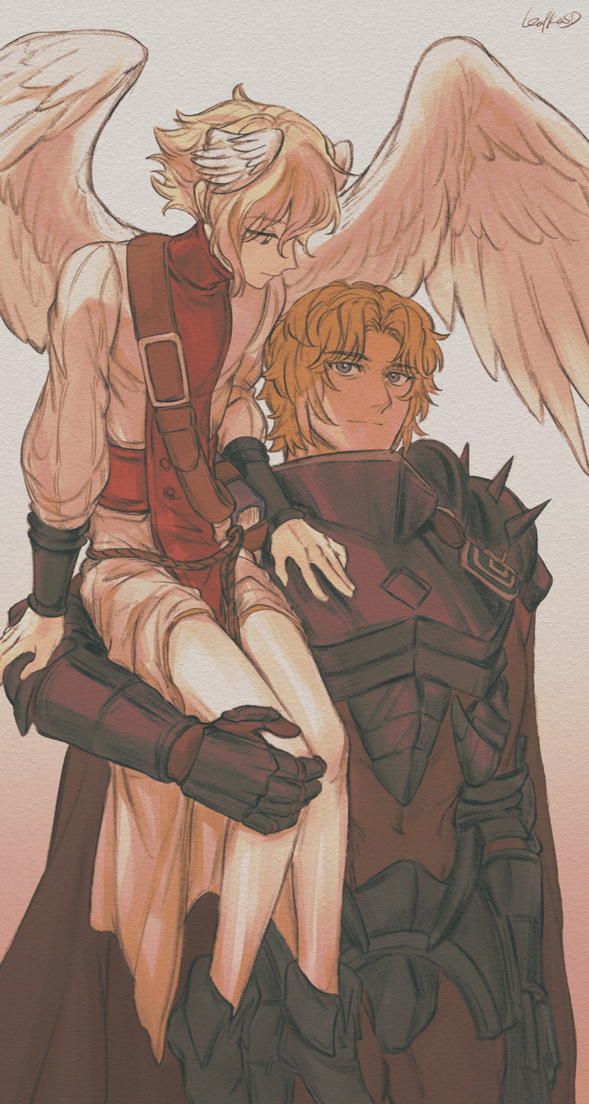 2boys absurdres angel armor black_eyes black_footwear blonde_hair bracer breastplate closed_mouth cowboy_shot faulds feathered_wings full_body gauntlets hand_up head_wings highres long_sleeves male_focus multiple_boys nigel_(unicorn_overlord) robe sanatio_(unicorn_overlord) sdkafka shoes short_hair sitting_on_shoulder smile spiked_pauldrons standing unicorn_overlord white_background white_robe wings