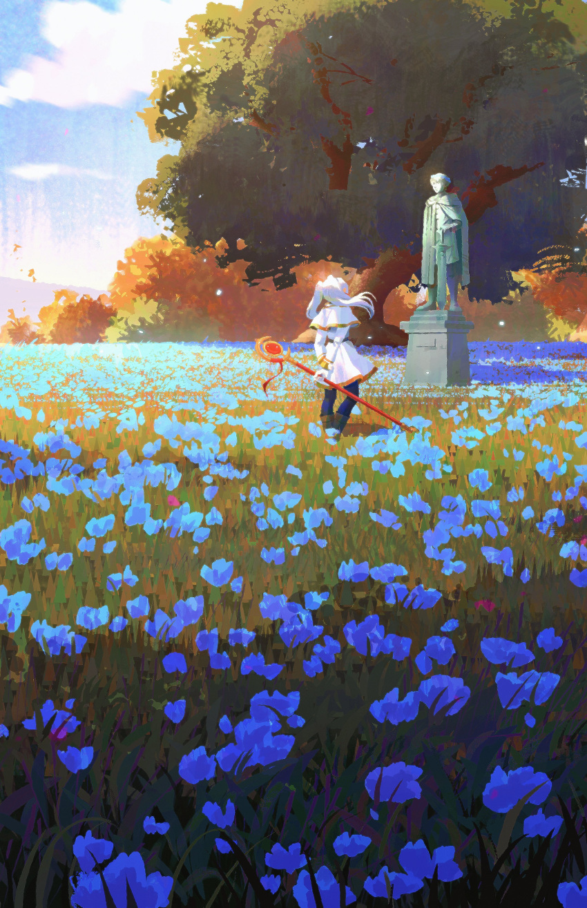 1girl absurdres arms_behind_back brown_footwear capelet clouds elf field flower flower_field frieren from_behind grass highres himmel_(sousou_no_frieren) holding holding_staff long_hair mage_staff outdoor_unit pointy_ears poupee_(capo_sung) sky sousou_no_frieren staff statue tree twintails white_capelet white_hair
