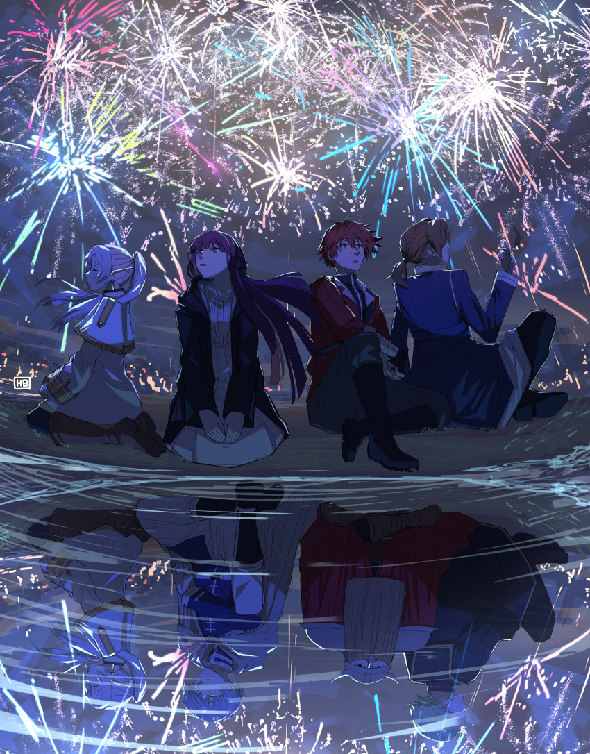 2girls 5boys absurdres beard blonde_hair blue_eyes blue_hair brown_eyes brown_hair capelet cigarette closed_eyes coat commentary different_reflection dress earrings eisen_(sousou_no_frieren) english_commentary facial_hair fake_horns fern_(sousou_no_frieren) fireworks frieren glasses goatee heartbreak_juan heiter helmet highres himmel_(sousou_no_frieren) holding holding_cigarette horned_helmet horns jewelry long_dress multicolored_hair multiple_boys multiple_girls pointy_ears ponytail purple_hair redhead reflection roots_(hair) sein_(sousou_no_frieren) seiza signature sitting smoke sousou_no_frieren stark_(sousou_no_frieren) twintails violet_eyes white_hair