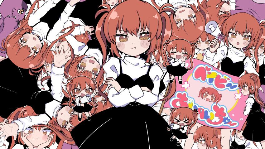1girl :o @_@ absurdres baby_i_hate_you_(nanawo_akari) black_dress black_footwear blush_stickers chibi chibi_inset clenched_hand closed_mouth crossed_arms dress fang flag from_side hair_between_eyes hands_on_own_cheeks hands_on_own_face highres holding holding_megaphone indie_utaite long_hair looking_at_viewer megaphone nanawo_akari open_mouth orange_eyes outline outstretched_arms pout redhead shirt sidelocks skin_fang socks solo spread_arms tsundere twintails wavy_mouth white_outline white_shirt white_socks wotoha