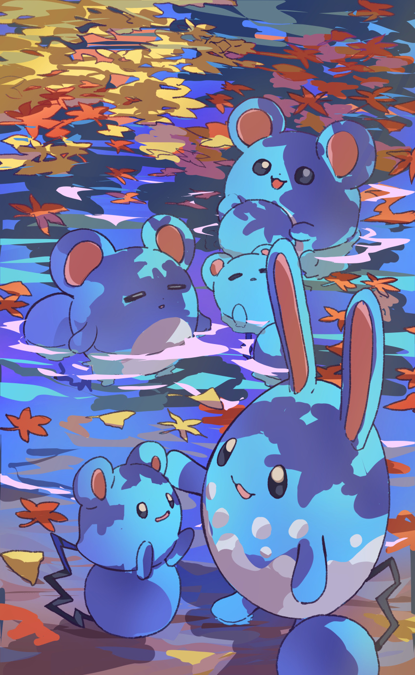 :d absurdres afloat azumarill azurill closed_eyes commentary_request day evolutionary_line highres marill no_humans open_mouth outdoors pokemon pokemon_(creature) smile standing valentine_(02140314c) water