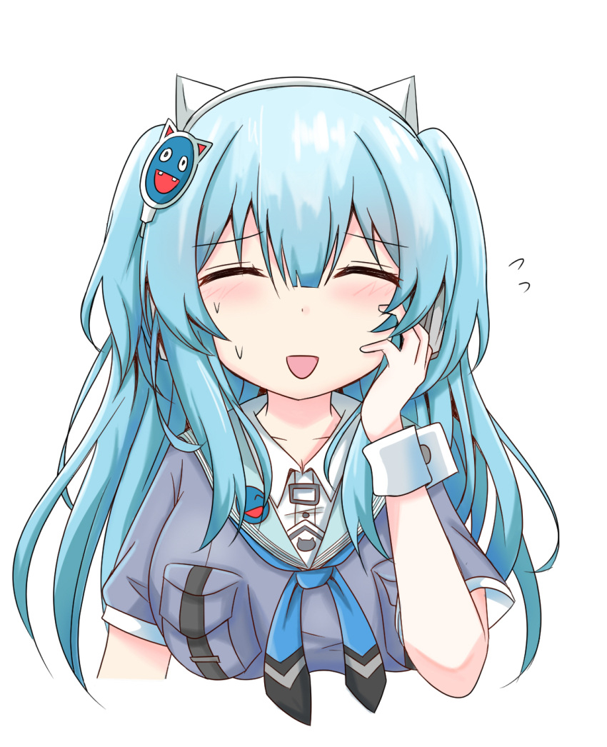 1girl animal_ear_headphones animal_ears blue_hair blush breasts cyberdemon_no3 dress fake_animal_ears goddess_of_victory:_nikke headphones headset highres long_hair medium_breasts neckerchief open_mouth shifty_(nikke) short_sleeves simple_background solo wrist_cuffs
