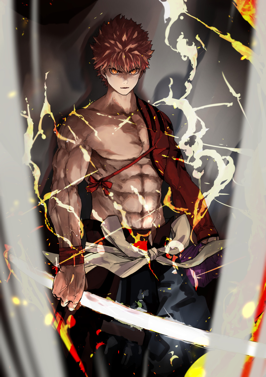 1boy abs absurdres emiya_shirou fate/grand_order fate_(series) highres holding holding_weapon igote japanese_clothes katana kdm_(ke_dama) looking_at_viewer male_focus orange_hair pectorals senji_muramasa_(fate) short_hair single_bare_shoulder solo sword toned toned_male topless_male weapon wristband yellow_eyes