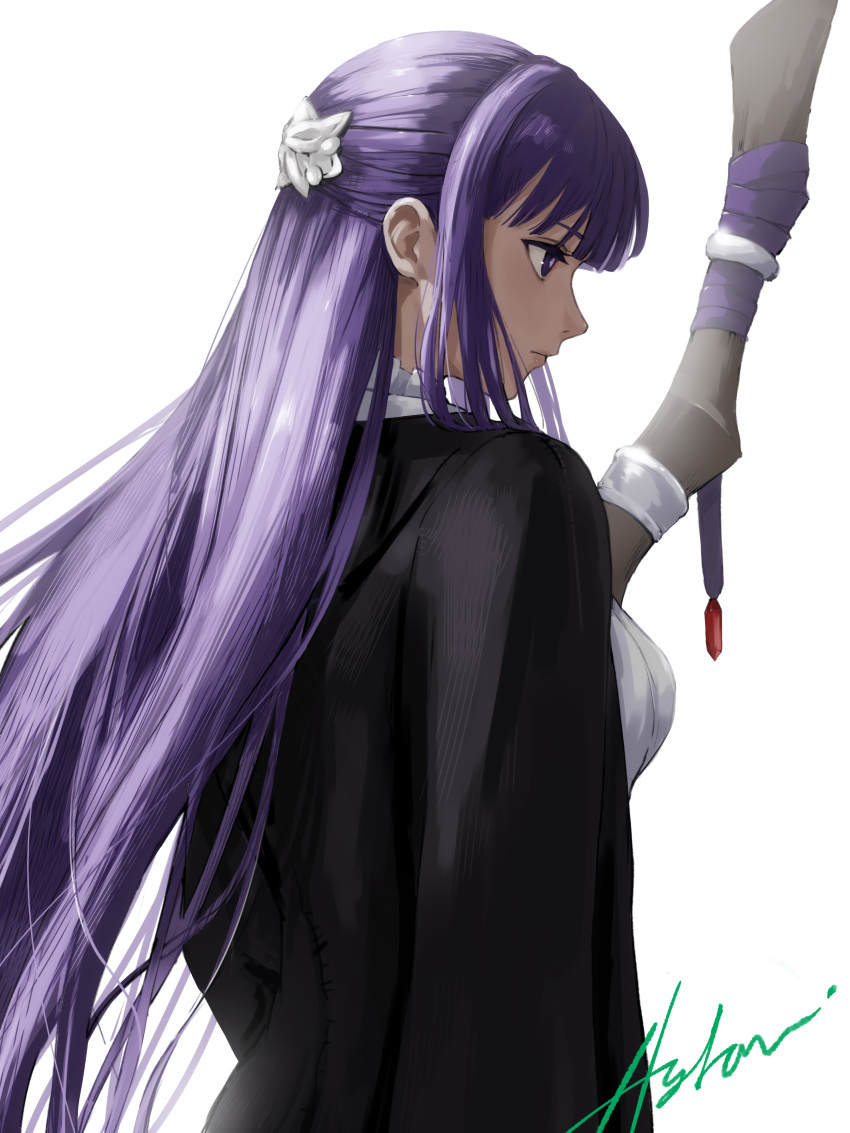 1girl absurdres arm_at_side backlighting black_dress blunt_bangs bright_pupils closed_mouth commentary_request dress frieren from_side hair_over_shoulder half_updo highres hylran0427 lips long_hair looking_afar mage_staff profile purple_hair serious sidelocks signature simple_background solo sousou_no_frieren straight_hair tsurime upper_body very_long_hair violet_eyes white_background