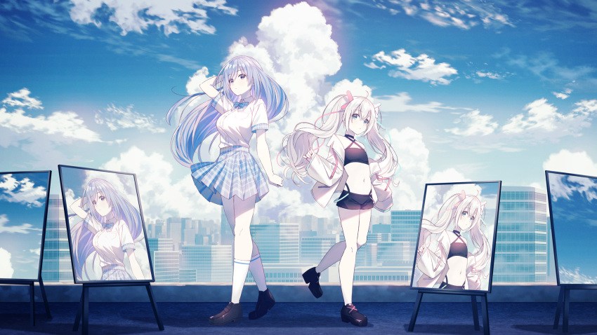 2girls arm_up bare_shoulders black_choker black_footwear black_shorts blue_bow blue_eyes blue_hair blue_skirt blue_sky bow bowtie breasts building character_request choker cityscape closed_mouth clouds cloudy_sky collared_shirt copyright_request crop_top day full_body highres jacket kneehighs koh_rd large_breasts loafers long_hair looking_at_viewer medium_breasts midriff miniskirt multicolored_hair multiple_girls multiple_views navel off_shoulder official_art open_clothes open_jacket outdoors pink_hair plaid plaid_skirt pleated_skirt ribbon school_uniform shirt shoes short_shorts short_sleeves shorts skirt sky small_breasts smile socks standing stomach streaked_hair twintails very_long_hair violet_eyes white_hair white_jacket white_shirt white_socks