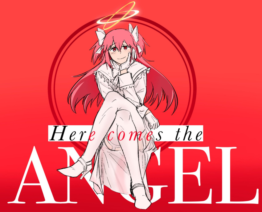 1girl alternate_costume alternate_hair_length alternate_hairstyle crossed_legs cult_of_yuri english_text gloves goddess_madoka hair_ribbon halo hand_on_own_chin hand_on_own_face high_heels highres kaname_madoka long_hair looking_at_viewer mahou_shoujo_madoka_magica mahou_shoujo_madoka_magica_(anime) official_alternate_hair_length official_alternate_hairstyle pink_eyes pink_hair red_background ribbon short_twintails simple_background sitting twintails white_gloves white_ribbon yellow_halo