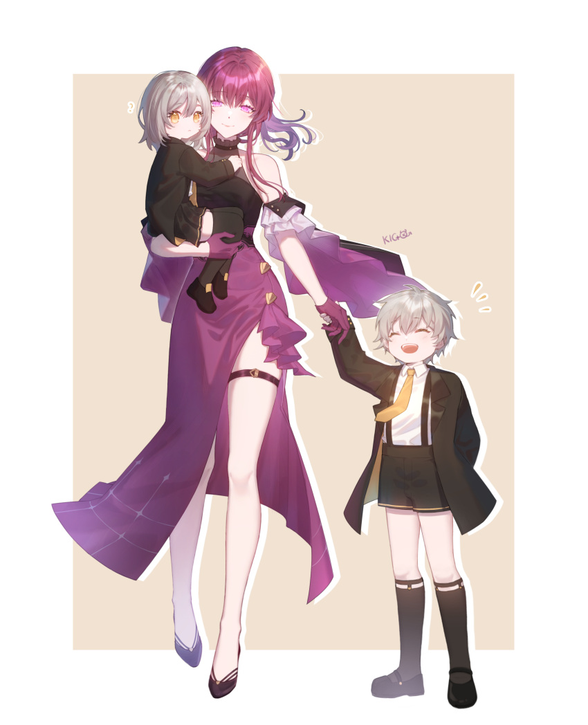 1boy 1girl 2girls absurdres aged_down caelus_(honkai:_star_rail) carrying carrying_person child child_carry edogawa_kigoro formal full_body grey_hair highres honkai:_star_rail honkai_(series) kafka_(honkai:_star_rail) long_hair looking_at_viewer multiple_girls necktie official_alternate_costume purple_hair short_hair shorts stelle_(honkai:_star_rail) trailblazer_(honkai:_star_rail) violet_eyes yellow_eyes
