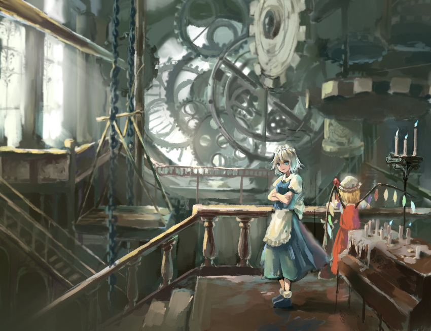 2girls absurdres against_railing apron blonde_hair blue_eyes candle candlestand chain closed_mouth commentary crossed_arms crystal flandre_scarlet from_behind gears grey_hair hat hat_ribbon highres indoors izayoi_sakuya maid maid_apron maid_headdress mob_cap multicolored_wings multiple_girls puffy_short_sleeves puffy_sleeves railing red_vest ribbon shoes short_hair short_sleeves skirt skirt_set stairs touhou vest waist_apron window wings zhuxie1264852