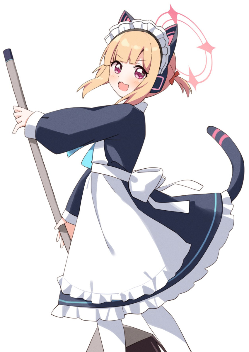 1girl animal_ear_headphones animal_ears apron black_dress blonde_hair blue_archive blush cat_tail dress fake_animal_ears feet_out_of_frame halo haru_(konomi_150) headphones highres long_sleeves looking_at_viewer maid maid_apron maid_headdress momoi_(blue_archive) momoi_(maid)_(blue_archive) official_alternate_costume open_mouth pantyhose pink_halo red_eyes short_hair simple_background smile solo tail white_apron white_background white_pantyhose