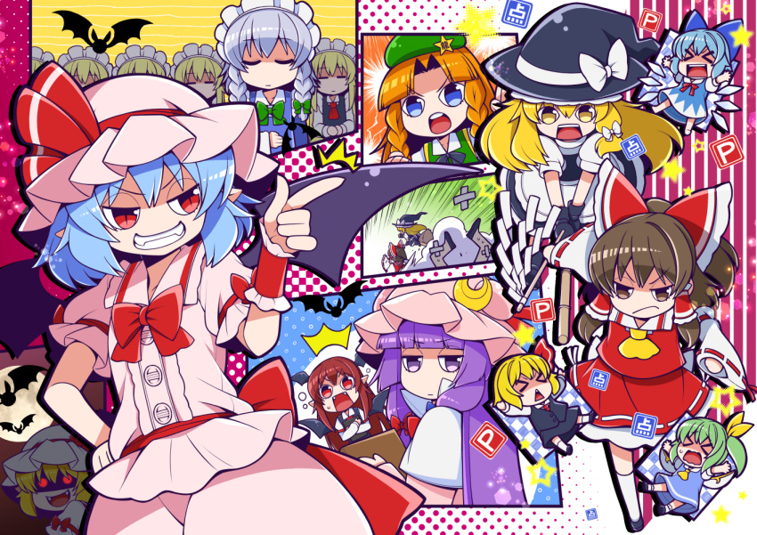 &gt;_&lt; 6+girls apron ascot back_bow bat_wings beret black_gloves black_vest blonde_hair blue_bow blue_dress blue_eyes blue_hair book bow bowtie braid broom broom_riding brown_eyes brown_hair cirno commentary_request crescent crescent_hat_ornament daiyousei detached_sleeves detached_wings dress eichi_yuu embodiment_of_scarlet_devil fairy fairy_maid_(touhou) fairy_wings fangs flandre_scarlet frilled_bow frilled_hair_tubes frills full_moon gloves gohei green_bow green_hair green_hat grey_hair grin hair_bow hair_ribbon hair_tubes hakurei_reimu hand_on_own_hip hat hat_bow hat_ornament hat_ribbon head_wings holding holding_book holding_gohei hong_meiling ice ice_wings izayoi_sakuya kirisame_marisa koakuma long_hair long_sleeves maid maid_headdress mini-hakkero mob_cap moon multiple_girls open_mouth outstretched_arms patchouli_knowledge pinafore_dress pink_hat point_item_(touhou) power_item_(touhou) puffy_short_sleeves puffy_sleeves purple_hair red_bow red_bowtie red_eyes red_ribbon red_skirt redhead remilia_scarlet ribbon ribbon-trimmed_sleeves ribbon_trim rumia short_sleeves siblings side_ponytail single_wrist_cuff sisters skirt skirt_set sleeveless sleeveless_dress smile spread_arms star_(symbol) star_hat_ornament teeth touhou twin_braids upper_teeth_only very_long_hair vest violet_eyes waist_apron white_bow wings witch_hat wrist_cuffs yellow_ascot yellow_eyes
