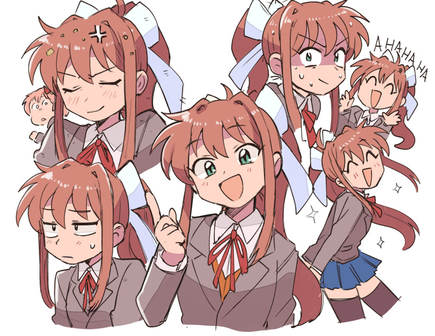 2girls anger_vein angry arms_behind_back blue_eyes bow bowtie brown_hair brown_jacket brown_thighhighs closed_eyes collared_shirt doki_doki_literature_club green_eyes hair_bow jacket laughing long_hair looking_at_viewer monika_(doki_doki_literature_club) multiple_girls nervous_sweating ponytail red_bow red_bowtie red_ribbon ribbon sayori_(doki_doki_literature_club) school_uniform shirt simple_background sweat sweatdrop thigh-highs tsubobot undershirt uniform white_background white_bow
