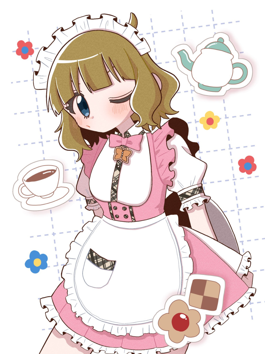 1girl apron arms_behind_back bad_id bad_twitter_id blue_eyes blue_flower brown_hair checkerboard_cookie commentary_request cookie cowboy_shot cup dress flower food frilled_apron frilled_dress frills highres holding holding_tray idolmaster idolmaster_million_live! inactive_account looking_at_viewer maid maid_headdress one_eye_closed pink_dress puffy_short_sleeves puffy_sleeves red_flower short_hair short_sleeves solo standing suou_momoko teacup teapot tray white_apron zako_inu